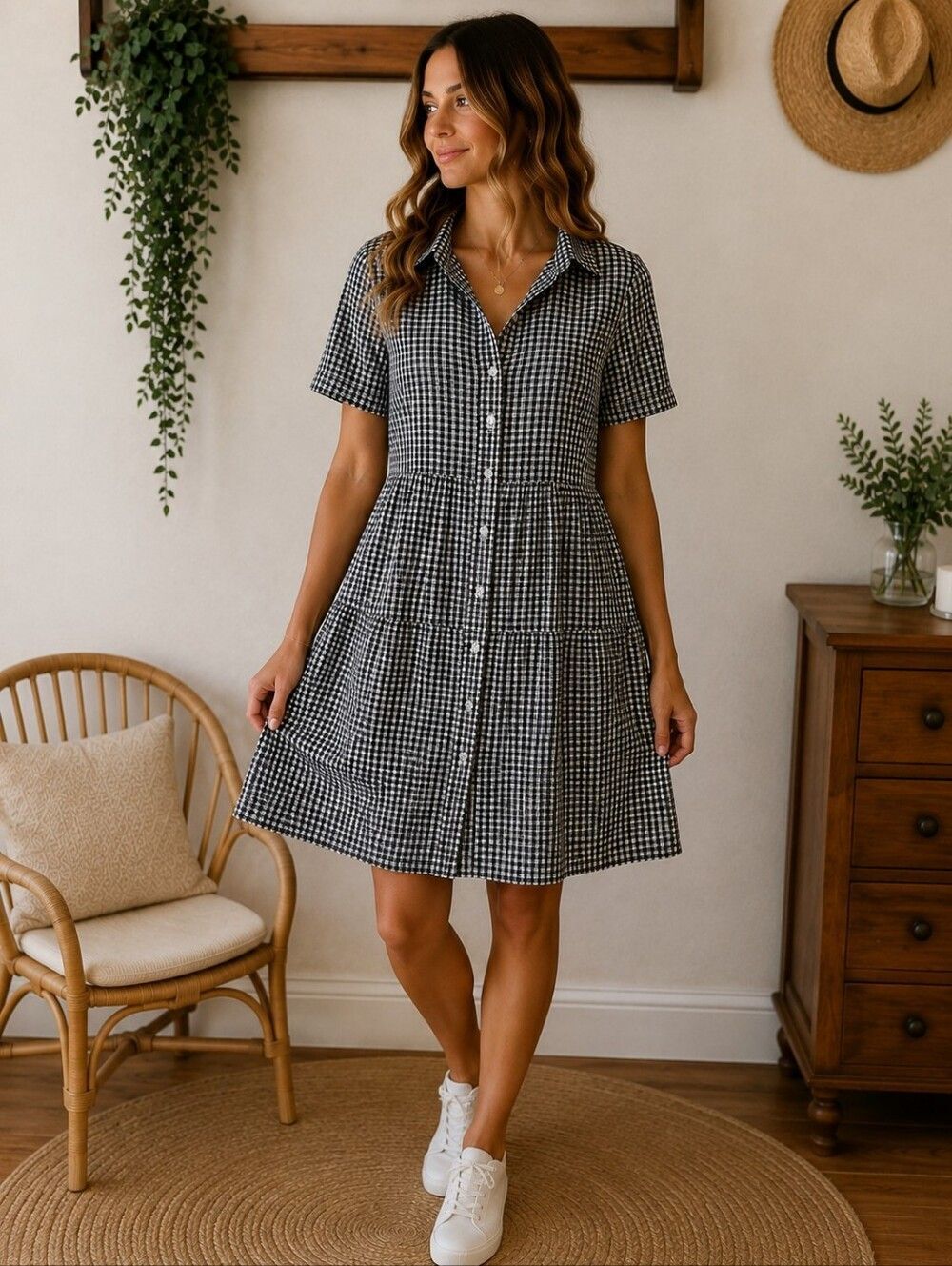 GAP 100% Cotton Gingham Button-Front Tiered Mini Dress NWOT